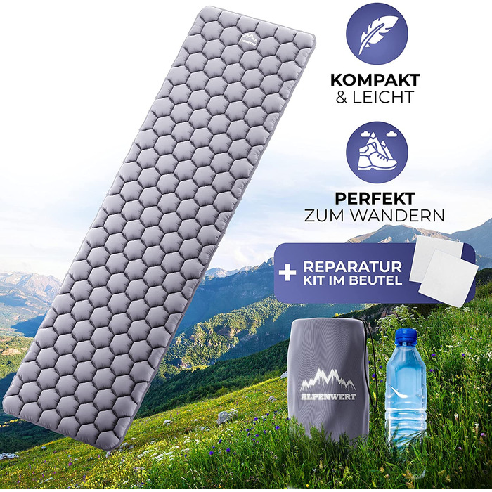 Ультралегка надувна ізомат для кемпінгу Alpenwert, сіра, компактна туристична спальна матраца