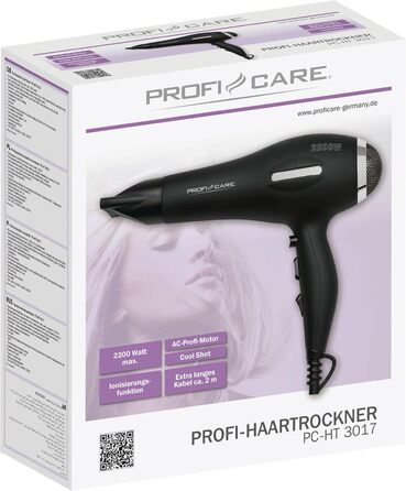Фен ProfiCare PC-HT 3017, 2200 Вт, з функцією холодного повітря, захистом від перегріву, професійний мотор, чорний, довжина кабелю 2 м, Soft-Touch корпус