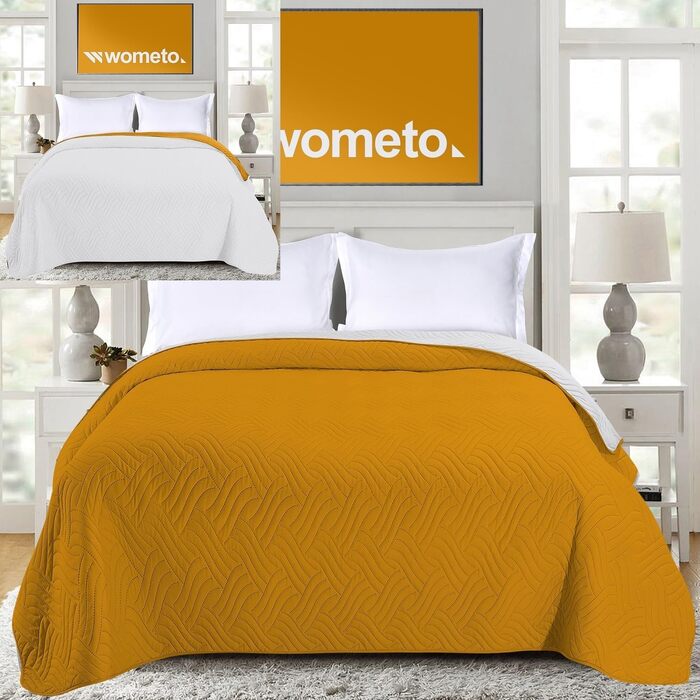Покривало Wometo 220x240 см жовто-сіре, мікрофібра, стьобане, двостороннє, для ліжка та дивану, Oeko-Tex