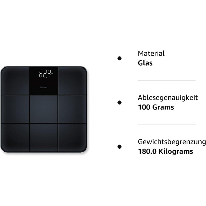 Ваги підлогові Beurer GS 235, скляні, цифрові, чорні, Magic-дисплей, антиковзка поверхня, автоматичне вмикання і вимикання