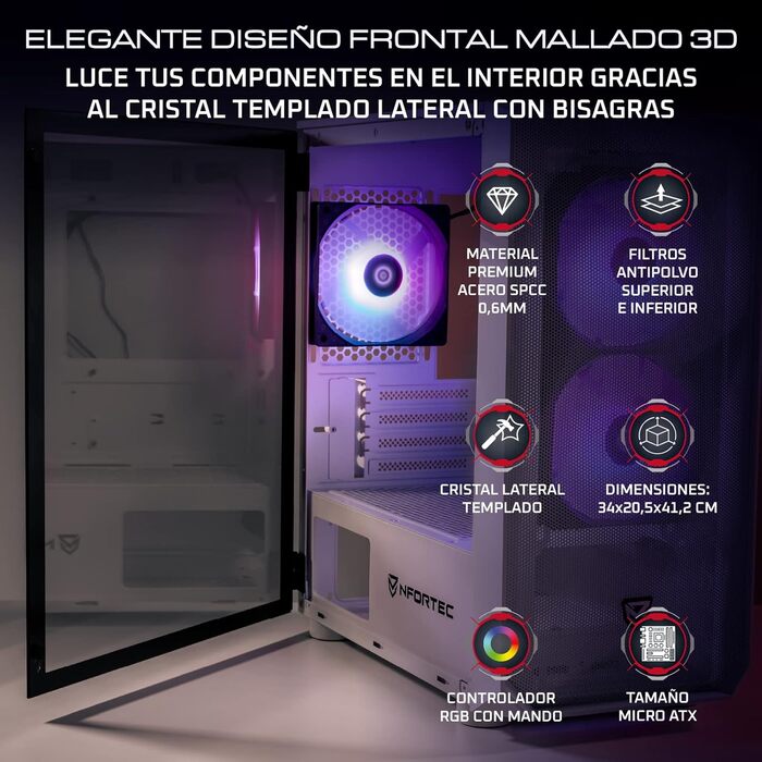 Nfortec DYS ігровий корпус для ПК Mini Tower (MATX), 3x 120 мм ARGB вентилятори, металева сітка, скляна бічна панель, білий