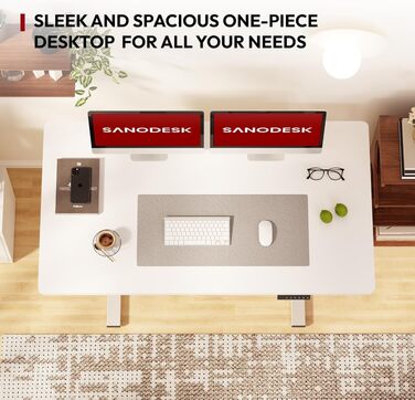 Електричний регульований стіл SANODESK з цільною стільницею 160x80 см, білий - з пам'яттю та гачком