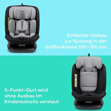 Дитяче автокрісло Booboo Safety Lissabon i-Size, обертове, 40-150 см, Reboarder з Isofix, чорний-сірий