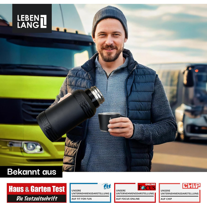 Термос LEBENLANG 2,5 л з чашкою, ситом та ремінцем | Нержавіюча сталь, 24 год зберігання тепла | Термокружка, ізотермос, фляга 2500 мл