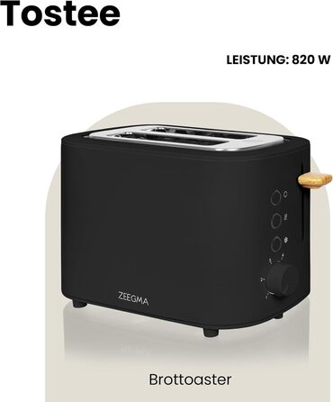 Тостер ZEEGMA TOSTEE на 2 скибки, 820 Вт, режим розморожування, підігріву та зупинки, з лотком для крихт, таймером, корпус з нержавіючої сталі, чорний