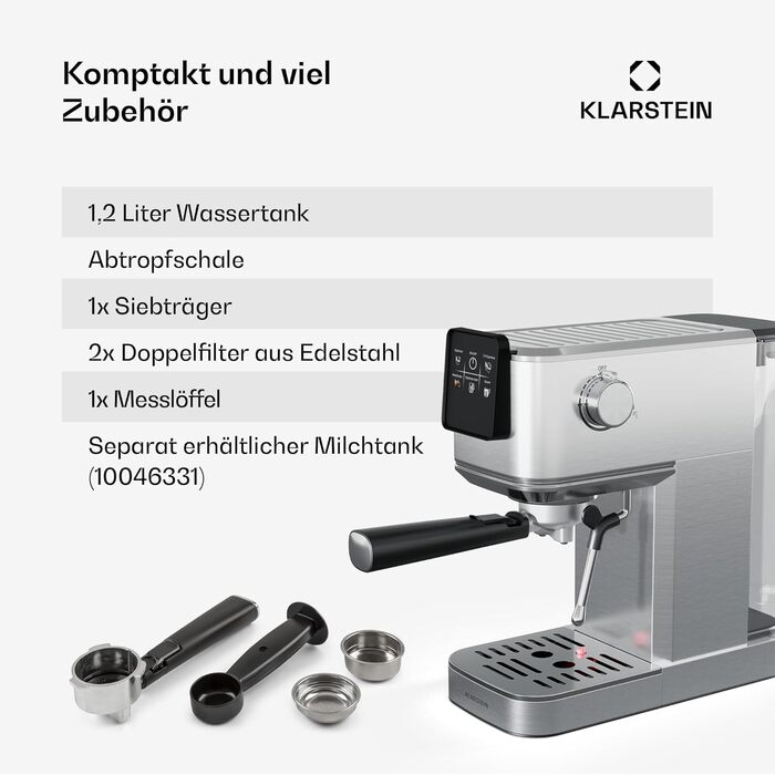 Кавоварка Klarstein SteelPresso Touch Slim з холдером, 20 бар, 1350 Вт, 1,2 л, нержавійка, компактна, цифрове управління, легке очищення, парова насадка