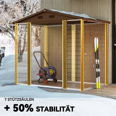 Садовий сарай Outsunny Metal з дерева Look 3 м² 152 x 235.7 x 208.7 см Садовий сарай з двосхилими мансардними вікнами Подвійні розсувні двері Стійкий до погодних умов садовий сарай Відкритий садовий сарай для заднього двору коричневий