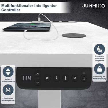 Електричний підйомний стіл JUMMICO 160x80 см, регульований по висоті письмовий стіл з бездротовою зарядкою, USB-портом та розеткою, сірий