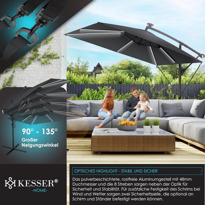 Сонячна прямокутна парасоля KESSER Holly з LED-підсвіткою, алюмінієва, з чохлом та вітрозахистом, антрацит, 350 см, водостійка, для саду, з ручкою-кривошипом, UV-захист