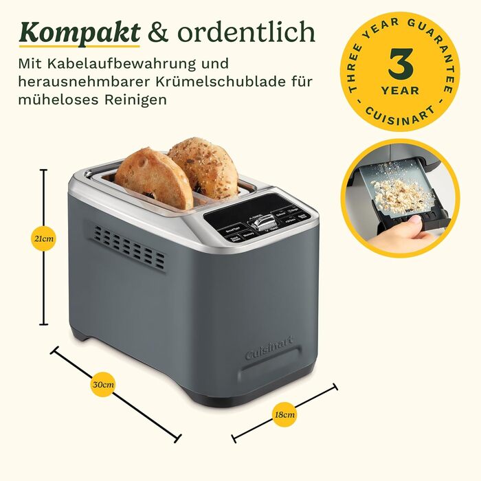 Тостер Cuisinart Smart Elite на 2 тости | Довгі слоти для хліба, пам'ять налаштувань, підйом тостів, режим для булок, розморожування + Boost