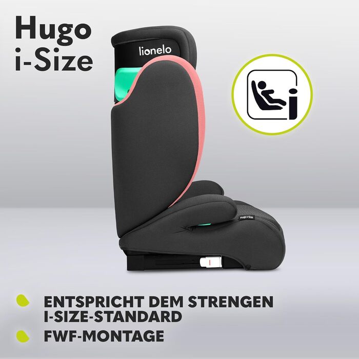 Автокрісло Lionelo Hugo R129 (100-150 см) – ISOFIX, 8 положень підголівника, бічний захист, комфортні підлокітники (Рожеве, I-SIZE)