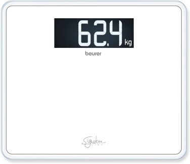 Ваги для людей Beurer GS 410 Signature Line, білі, скляні, з великою платформою 35x30 см, максимальна вага 200 кг, чорний XXL-дисплей, супербіле безпечне скло