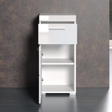 Комод для ванної Trendteam Amanda, білий глянцевий, 37x79x31 см, з 1 дверцятами і 1 шухлядою, універсальний, сріблясті ручки