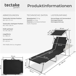 Шезлонг Tectake для саду з сонцезахистом, розкладний, для балкону/тераси, з регульованою спинкою, пляжний, до 110 кг, сірий