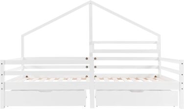 Ліжко дитяче Merax 90x200 з бортиками, ящиками та полицею, біле. Дерев'яне ліжко-будиночок для дітей.