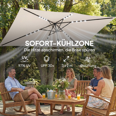 Сонячний парасоль з LED-підсвіткою, приблизно 300 x 200 см, регульований нахил, балконний парасоль з ручним механізмом, захисний чохол, захист від ультрафіолету, поворотний, кремово-білий