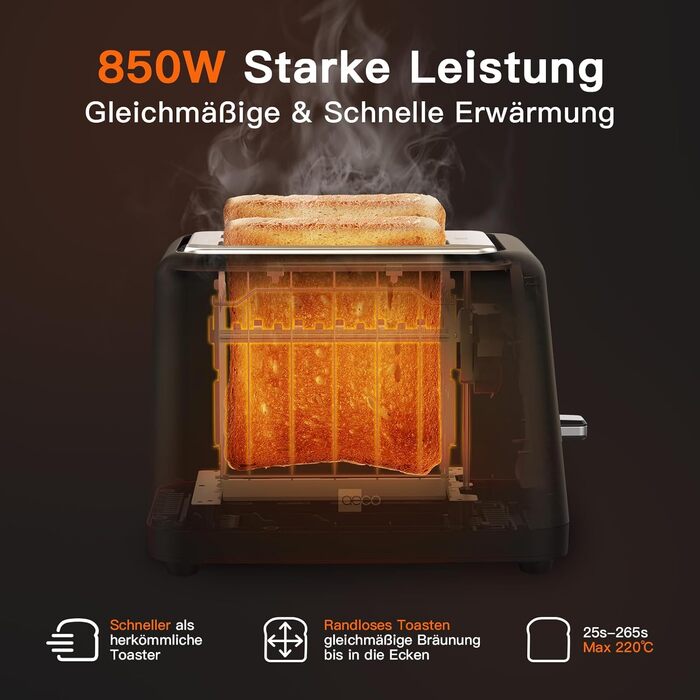 Тостер aeco toastlab Elite 2-слотовий з підставкою для булочок, широкі слоти, 6 рівнів підсмажування, 10 програм, 850W, LCD-дисплей, функція підняття, розморожування, піддон для крихт