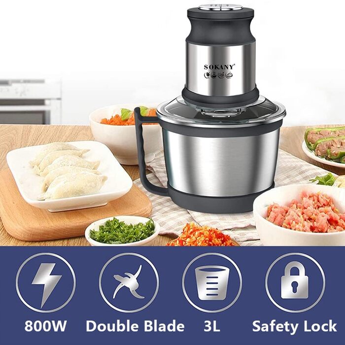 М'ясорубка-подрібнювач електричний SOKANY SK-7027 800W з чашею 3л з нержавіючої сталі, 2 швидкості, для м'яса, овочів, фруктів
