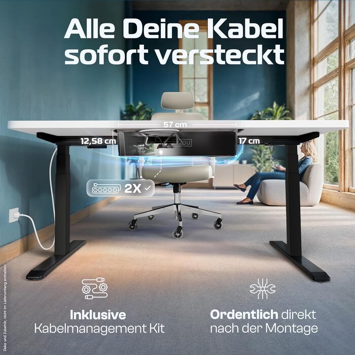 Електричний стіл CleverDesk з регулюванням висоти 160x80 см, чорна рама, біла стільниця - тестований, з пам'яттю, 2x USB, кабель-канал