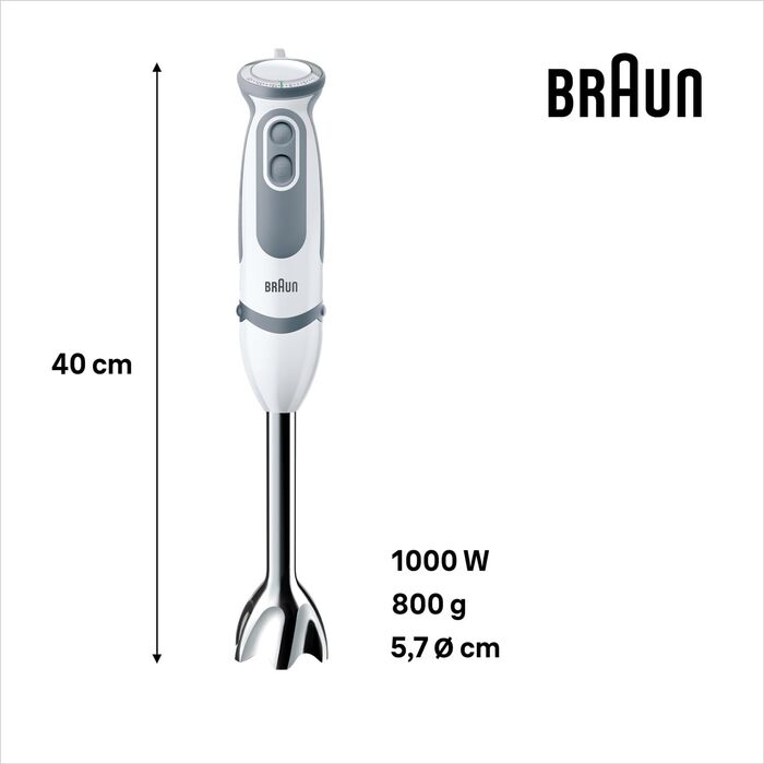 Блендер Braun MultiQuick 5 Vario MQ 5220WH, 1000 Вт, з нержавіючою насадкою, біло-сірий, комплект 2 аксесуари