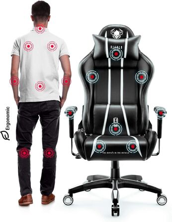 Ігрове крісло Diablo X-One 2.0, ергономічне, регульовані підлокітники, подушки для шиї та попереку, механізм гойдання, офісне, чорне-біле, розмір XL