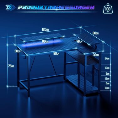 Ігровий стіл Devoko кутовий 140x80 см з подвійним тримачем монітора, LED-підсвіткою, регульованою полицею та карбоновим дизайном (чорний)