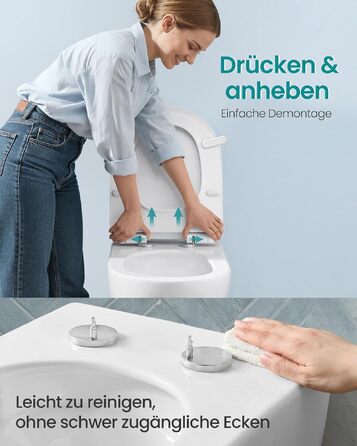 Кришка для унітазу SONGMICS з мікроліфтом (м'яким закриванням), Urea-Duroplast, D-подібна подовжена, біла, витримує до 300 кг, зі швидким монтажем