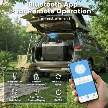 Автомобільний холодильник KROAK 55L з Bluetooth, Dual-Zone (-20°C/+20°C), 12/24/230V – для кемпінгу, авто, вантажівок, з колесами та перегородкою