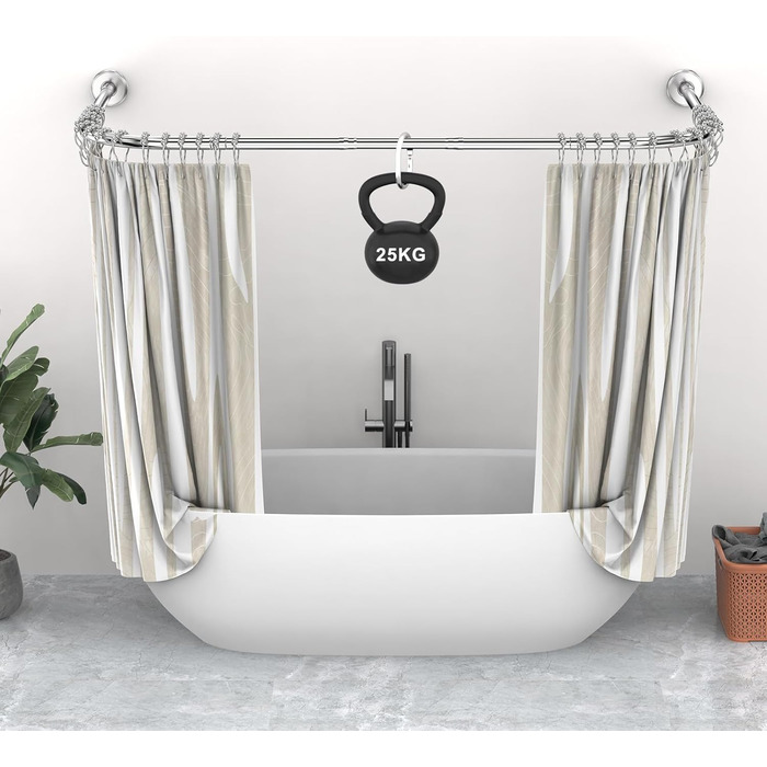Штанга для душової завіси Misounda U/L-форма 75×(150-190)×75 см, для ванни і душу, без стельового кріплення, 24 кільця з нержавіючої сталі, полірована