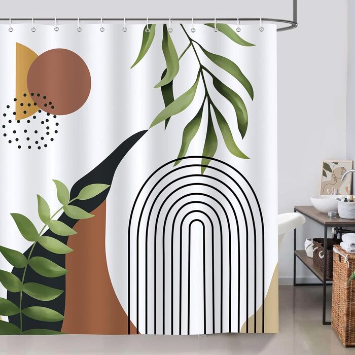 Штора для душу Bonhause Boho з абстрактними листям, сучасна мінімалістична, коричнева, 180x180 см, водонепроникна, антигрибкова, поліестер, прана, з 12 гачками для ванної кімнати