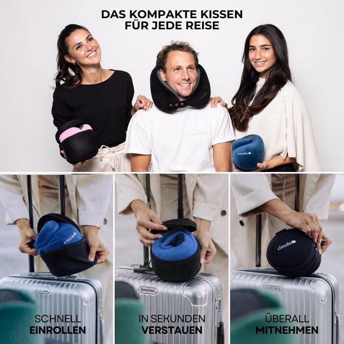 Подорожня подушка для шиї CLOUDS з ефектом пам'яті (Memory Foam) для літака та авто, регульована, дихаюча тканина, розмір S/M, чорна