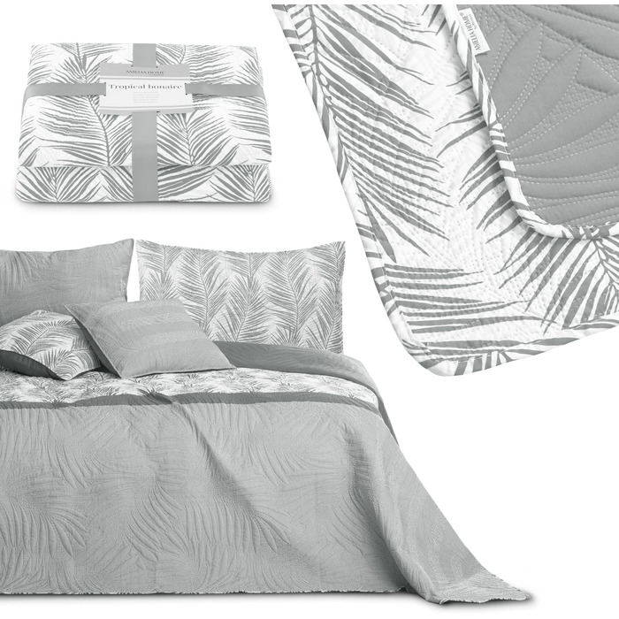 Покривало AmeliaHome Tropical Bonaire 260x280 см, двостороннє, стьобане, легкий догляд, рослинний візерунок, сірий/білий