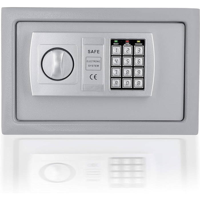 Електронний сейф KESSER 31x20x20 см, LED-дисплей, подвійний ригель, настінний та меблевий, кодовий замок, сріблястий, з підсвіткою та монтажним комплектом