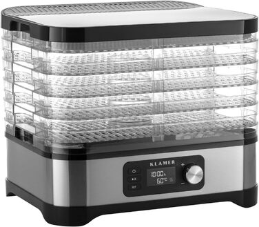 Сушарка для овочів і фруктів KLAMER 400 Вт, таймер 24 год, регулятор температури 35-70°C, 5 лотків, корпус з нержавіючої сталі, BPA безпечна