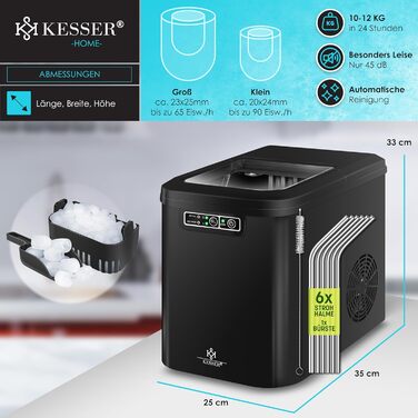 Льодогенератор KESSER, нержавіюча сталь, 12 кг/добу, 2,2 л, 2 розміри льоду, LED-дисплей, самоочищення, чорний