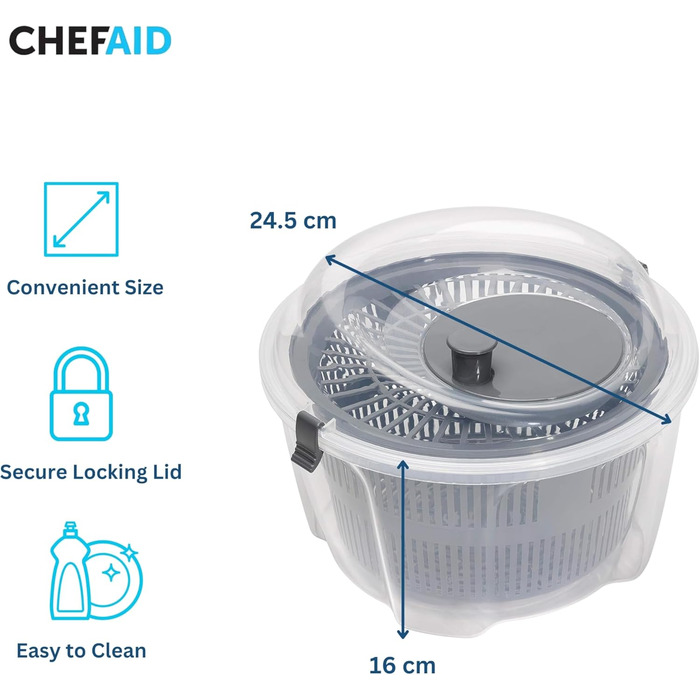 Салатниця з віджимом Chef Aid 4.4 л, прозора пластикова, з кришкою та кошиком для сушіння салату