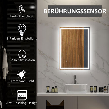 Дзеркало для ванної кімнати Badspiegel з підсвіткою LED, сенсорне управління, білий колір