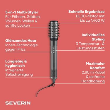 Мультистайлер для волосся 5-в-1 Severin S-Style WL 0684: іонізуючий фен, щітки для укладки з Airflow технологією, 1500 Вт, антрацит