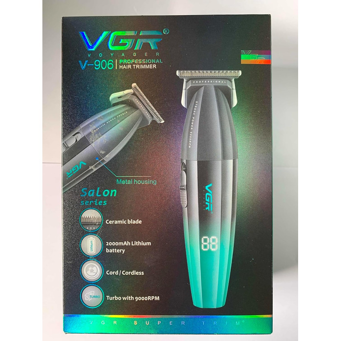 Професійна машинка для стрижки VGR 906 Fresh Fade, 9000 об/хв, бездротовий тример для бороди та волосся з DLC T-лезом, USB зарядка, зелена