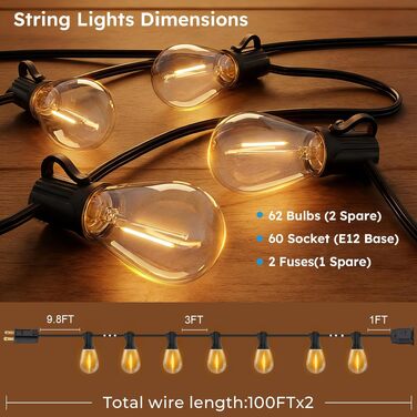 LED гірлянда вулична GvvooHome 60м, водонепроникна, 62 лампи S11, теплий білий 2700K, для тераси, саду, веранди