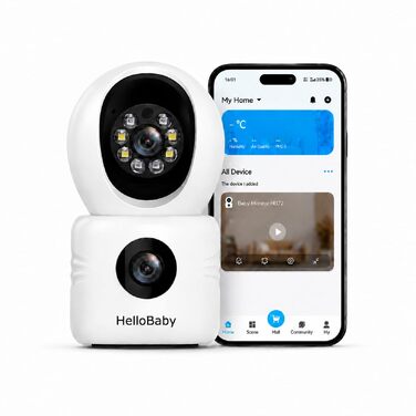 Відеоняня HelloBaby WiFi з камерою, нічним баченням та датчиком руху, двосторонній аудіозв'язок, керування через додаток, підтримка Cloud/SD карти пам'яті (Білий)