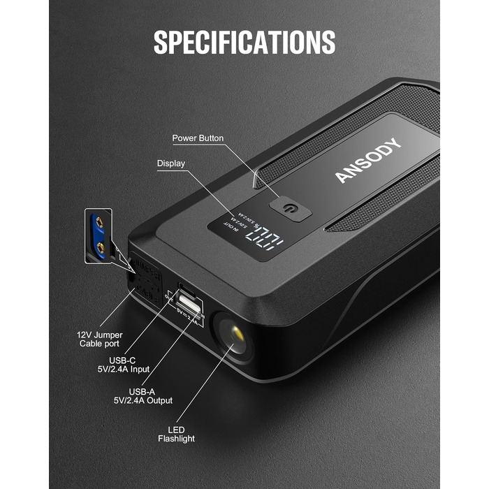 Бустерний пускач автомобіля 3000A Powerbank для авто 12V (до 10л бензин/8л дизель) з LED-ліхтарем та пусковими кабелями, сірий