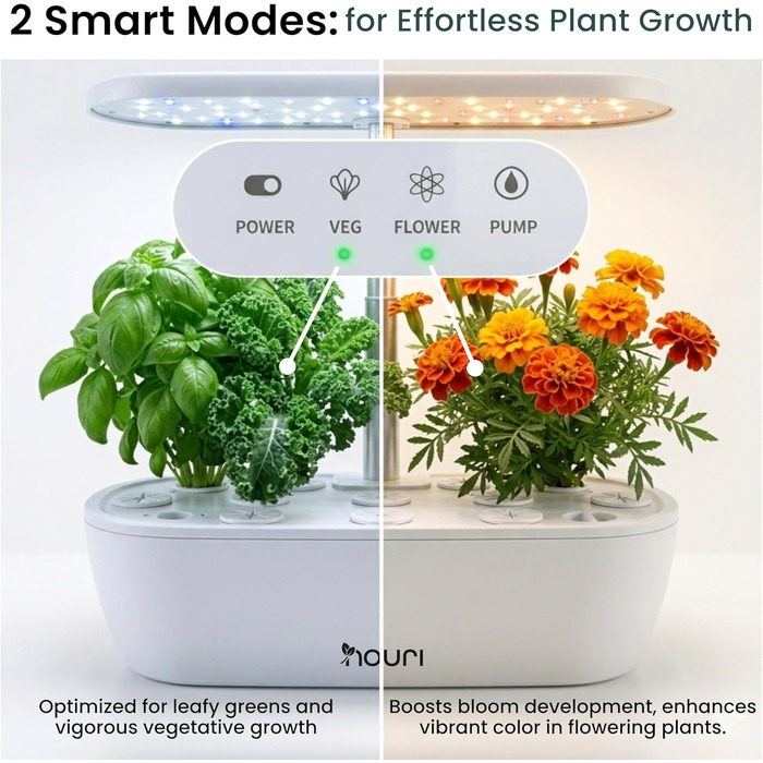 Nouri Smart Garden 12 Pod: Гідропонна система для вирощування томатів та зелені вдома з додатком | LED лампа для рослин