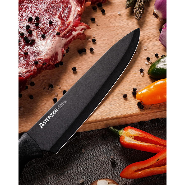 Набір кухонних ножів Astercook з підставкою та вбудованим точилом, 15 предметів, нержавіюча сталь, чорний