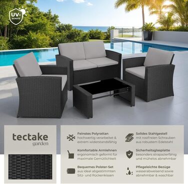 Комплект садових меблів tectake® з поліротангу для тераси та балкона, 12 предметів, чорний/сірий, вуличний диван, крісла та стіл на 4 особи, стійкі до погодних умов