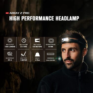 Лобовий ліхтар OLIGHT Array 2 Pro з жестовим сенсором, LED, 1500 люмен, 150 м, USB-C, акумуляторний, 3 світлові режими, червоне світло, 60° регулювання, SOS, помаранчевий