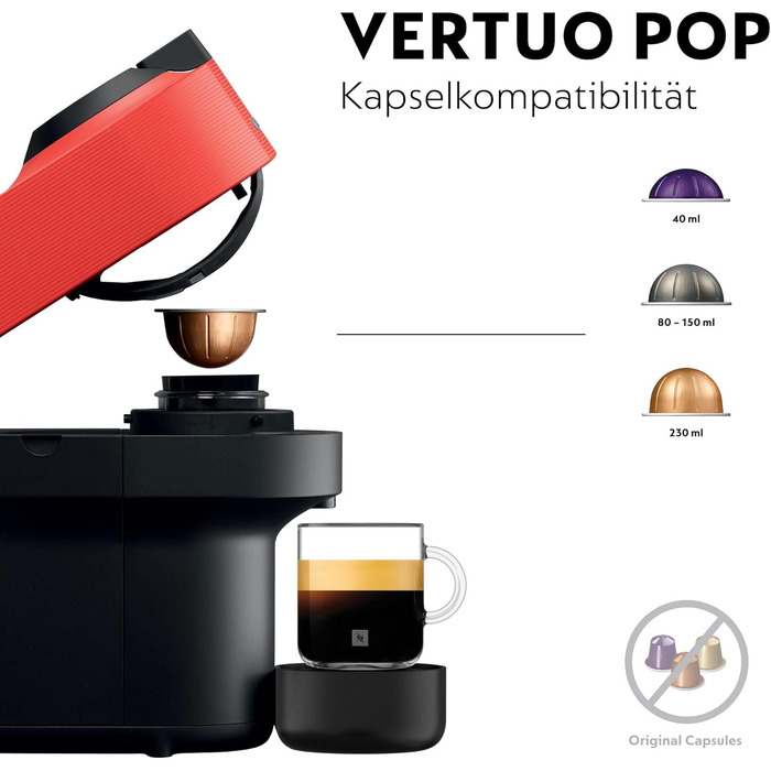 Кавомашина Nespresso Krups Vertuo Pop 560 мл, червоний (XN9205) - капсульна, автоматичне розпізнавання капсул, 4 розміри чашок, швидкий нагрів