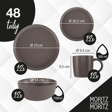 Набір кавових чашок Moritz & Moritz NORDIC, 6 шт., 300 мл, кераміка, сірий колір, з ручкою. Підходять для кави, чаю, капучино. Комплект посуду (48 предметів)