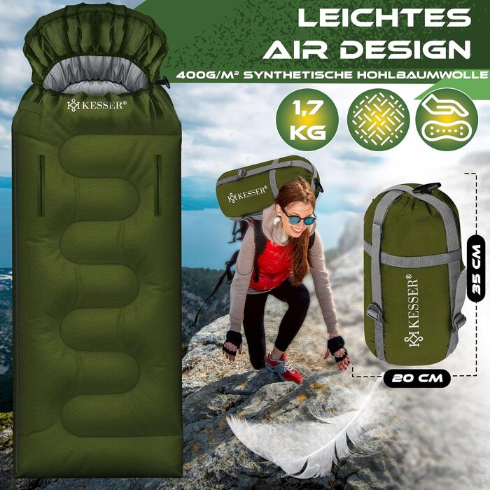 Спальний мішок KESSER Outdoor для дорослих та дітей, всесезонний (3-4 сезони), водовідштовхуючий та теплий, Khaki, 220 x 83 см, з ліхтариком та бічною кишенею