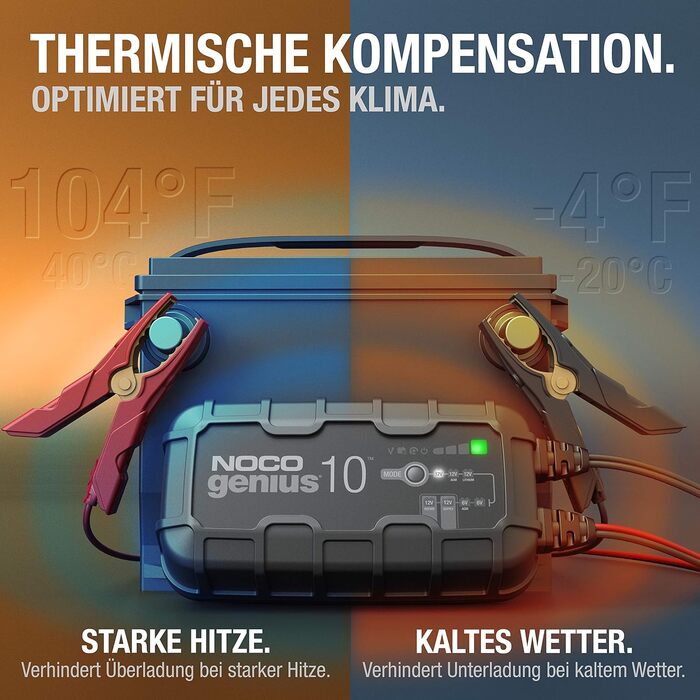 NOCO GENIUS10: Інтелектуальне зарядне пристрій для акумуляторів 6V/12V - Автоматичний підтримуючий заряд, сульфатор, захист від перевантаження, температурна компенсація - Для свинцево-кислотних та літієвих акумуляторів